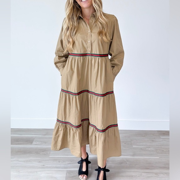 Dresses & Skirts - Stylish Tiered Striped 1/4 Button Midi Dress